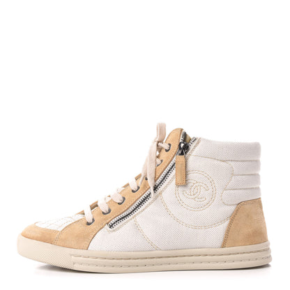 Chanel Toile Suede CC High Top Sneakers 38.5 Beige White 1 of 6