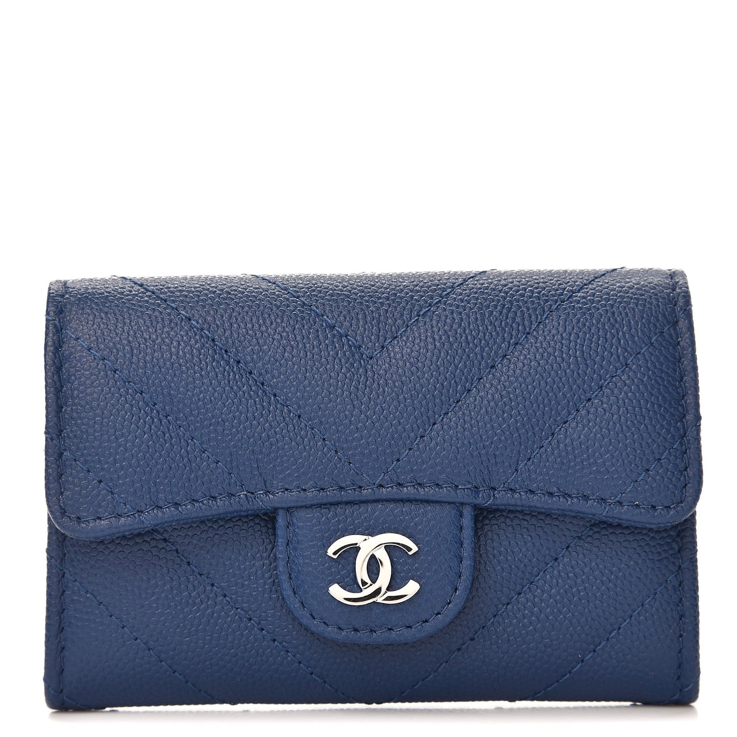 Caviar Chevron Quilted Card Holder Wallet Dark Blue