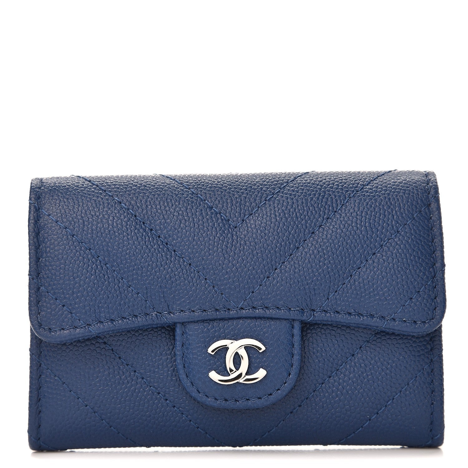 Chanel Caviar Chevron Quilted Card Holder Wallet Dark Blue 1 of 9