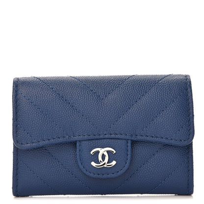 Chanel Caviar Chevron Quilted Card Holder Wallet Dark Blue 1 of 9