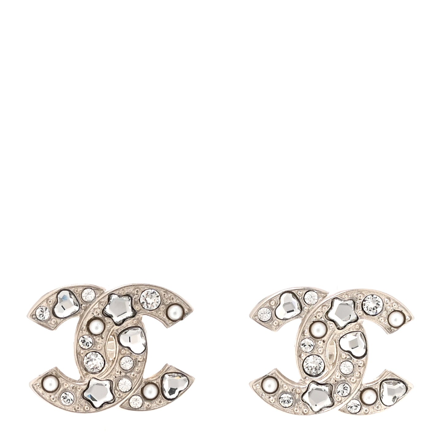 Crystal Pearl Heart CC Clip On Earrings Silver