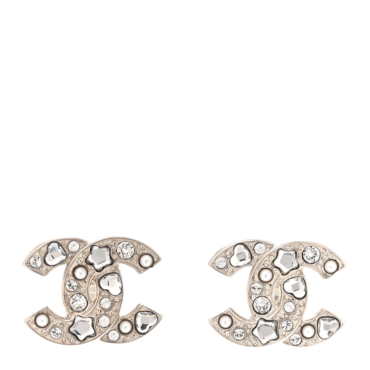Chanel Crystal Pearl Heart CC Clip On Earrings Silver 1 of 5