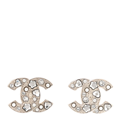 Chanel Crystal Pearl Heart CC Clip On Earrings Silver 1 of 5