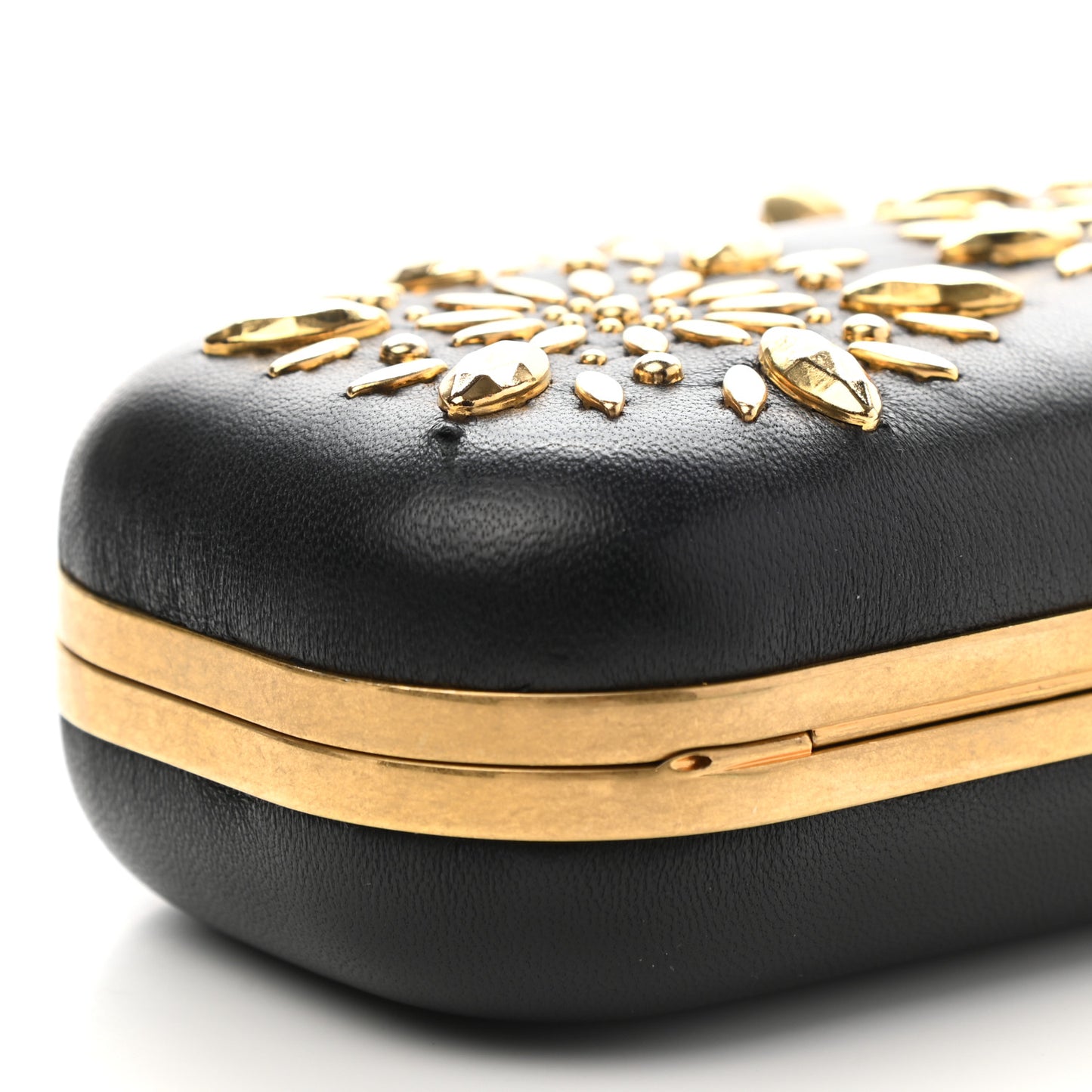 Nappa Studded Floral Knuckle Box Clutch Black