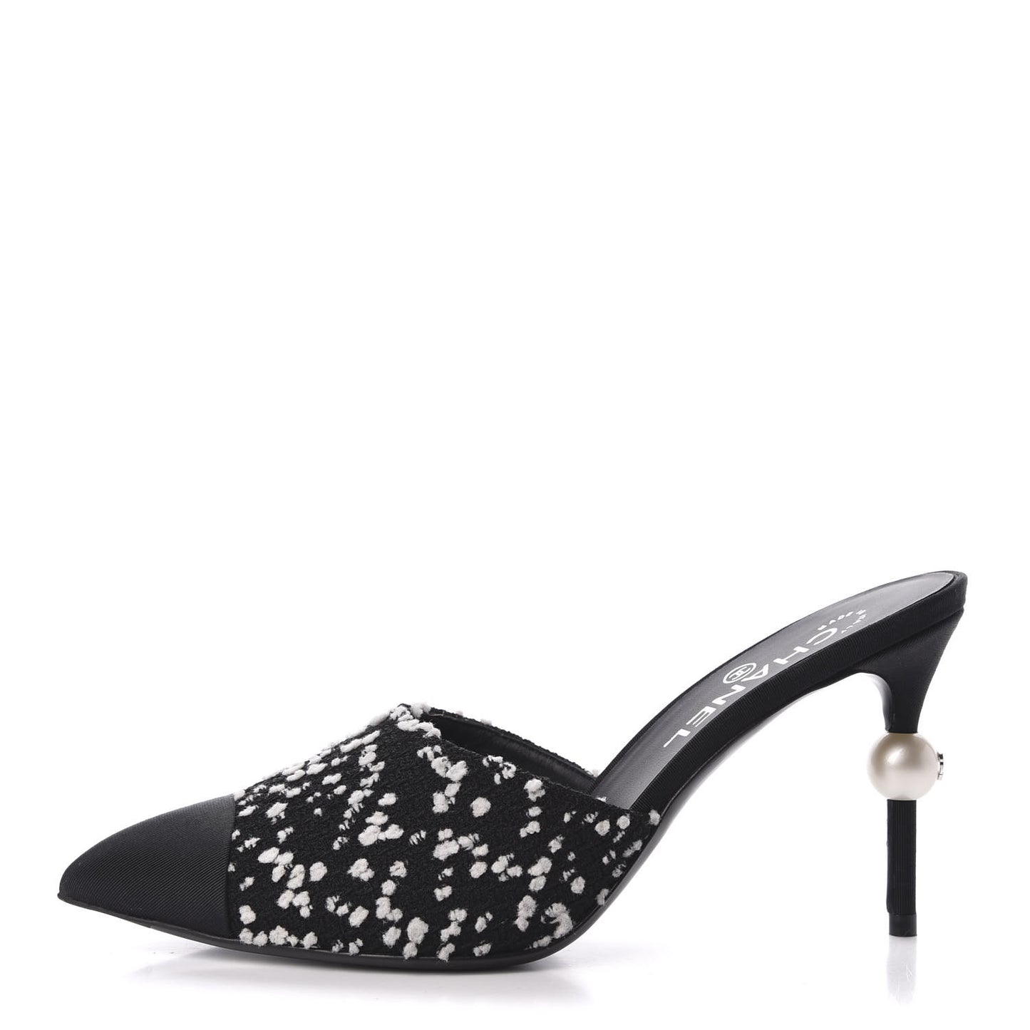 Tweed Grosgrain Pearl Mules 38.5 Black White