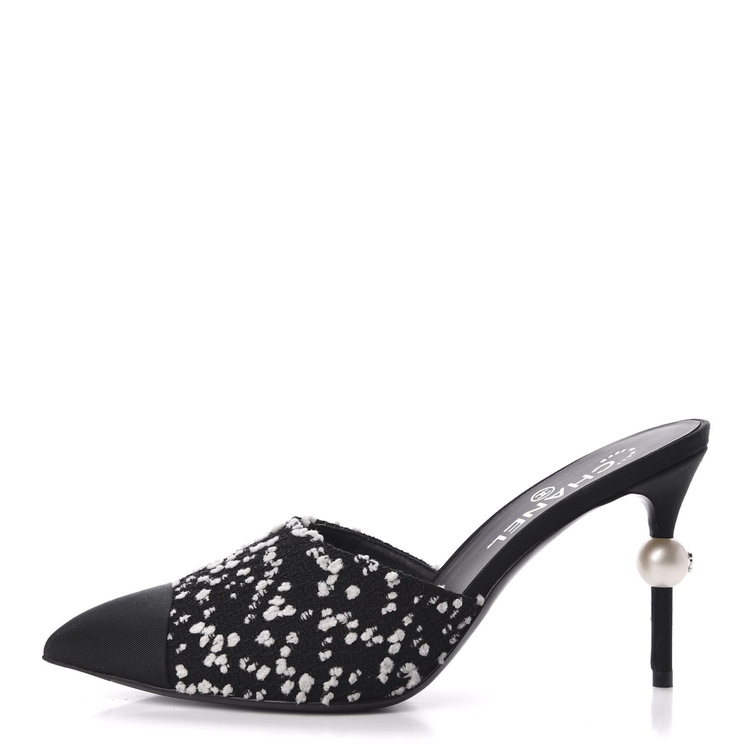 Chanel Tweed Grosgrain Pearl Mules 38.5 Black White 1 of 9