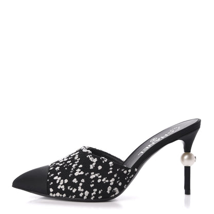 Chanel Tweed Grosgrain Pearl Mules 38.5 Black White 1 of 9