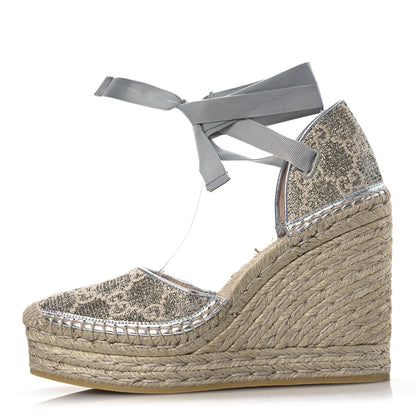 Gucci Lame GG Monogram Ankle Wrap Platform Espadrille Wedges 39 Silver Beige Light Grey 1 of 12