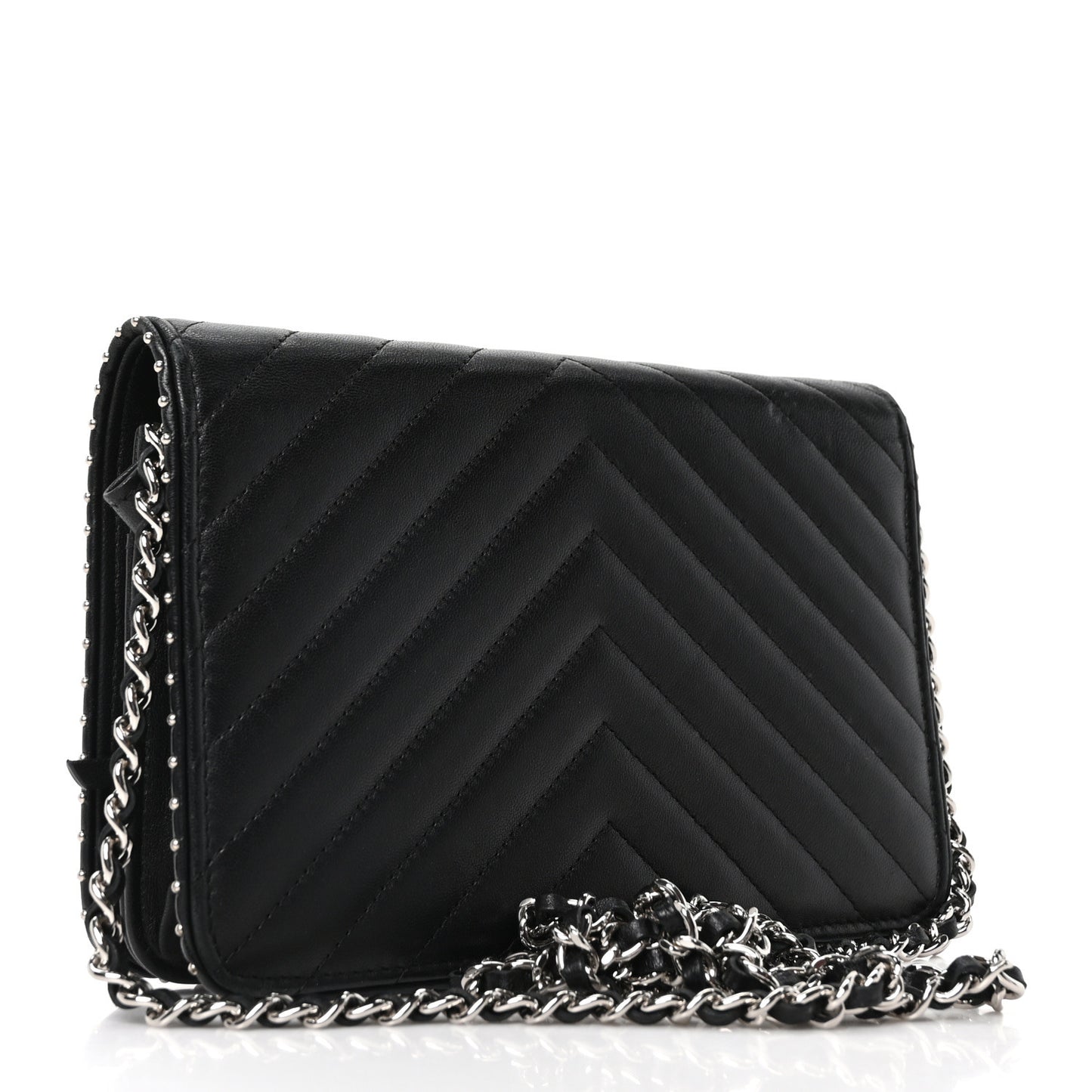 Lambskin Chevron Quilted Studded Wallet On Chain WOC Black