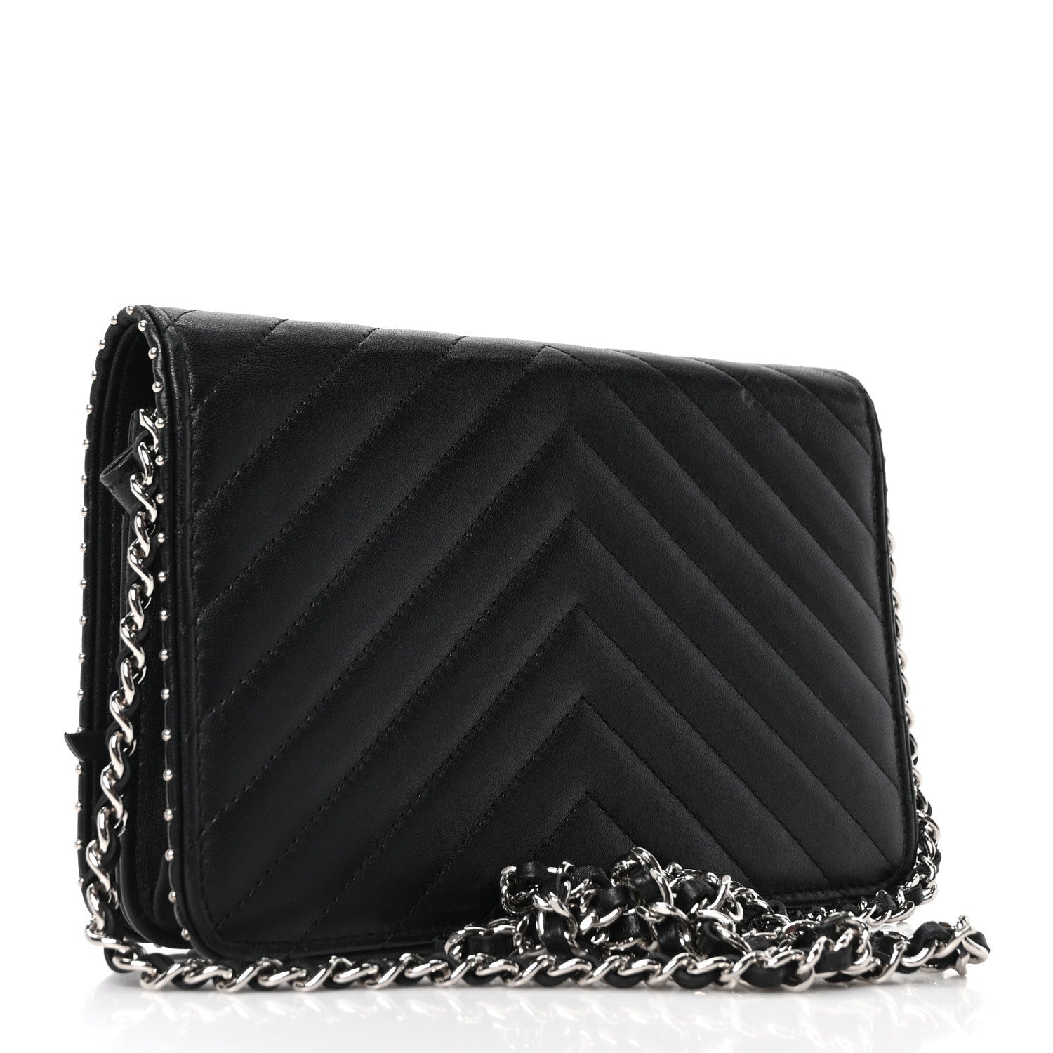 Chanel Lambskin Chevron Quilted Studded Wallet On Chain WOC Black 3 of 11