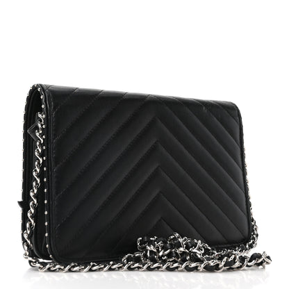 Chanel Lambskin Chevron Quilted Studded Wallet On Chain WOC Black 3 of 11