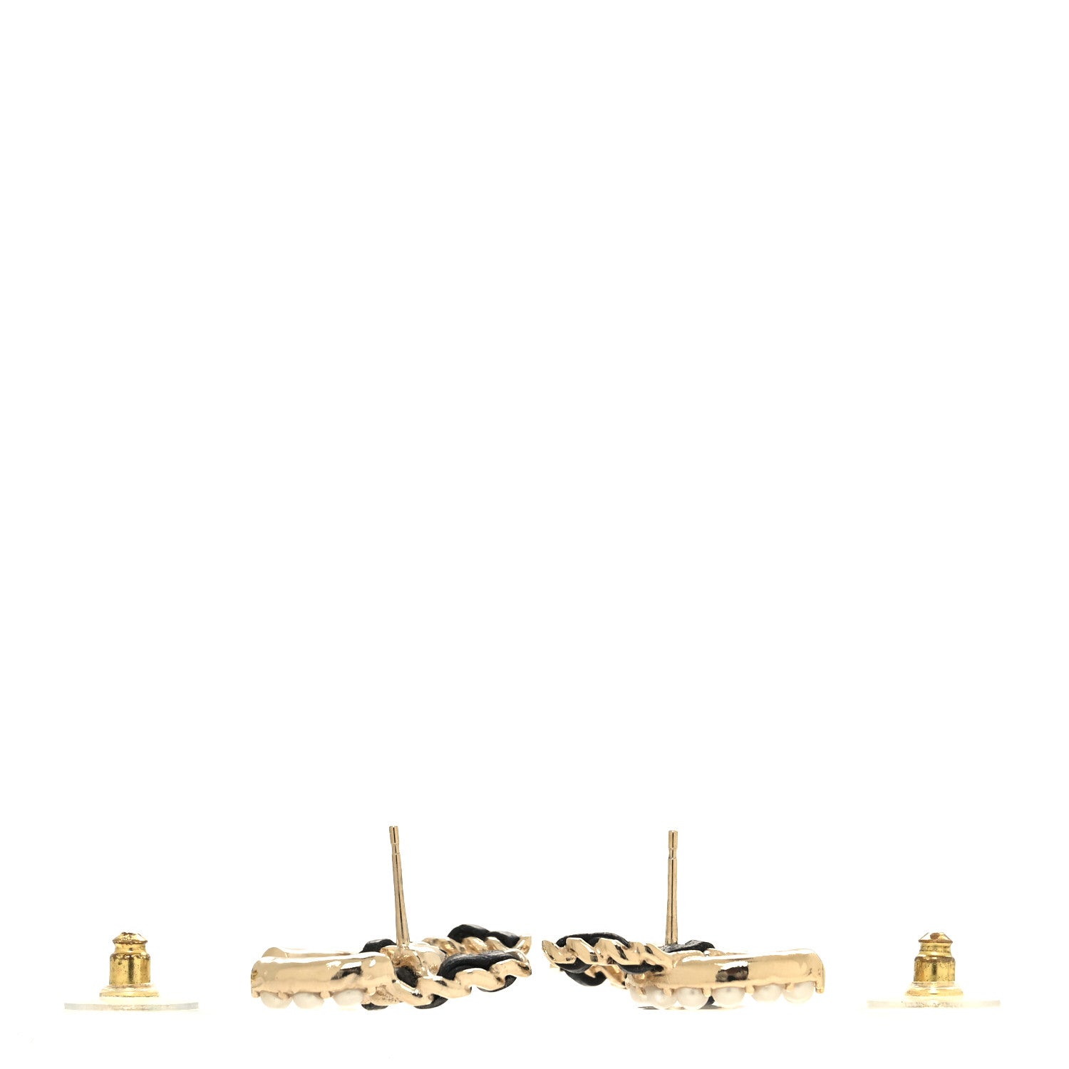 Chanel Pearl Lambskin Chain CC Stud Earrings Gold Black 3 of 4