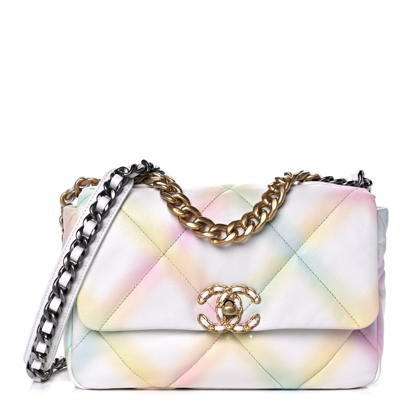 Printed Goatskin Quilted Medium Chanel 19 Flap White Multicolor