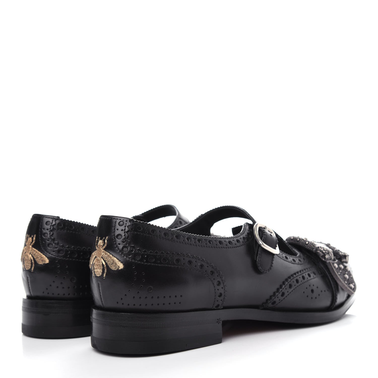 Gucci Calfskin Bee Embroidered Mens Queercore Brogue Wingtip Monk Strap Loafers 8 Black 4 of 12