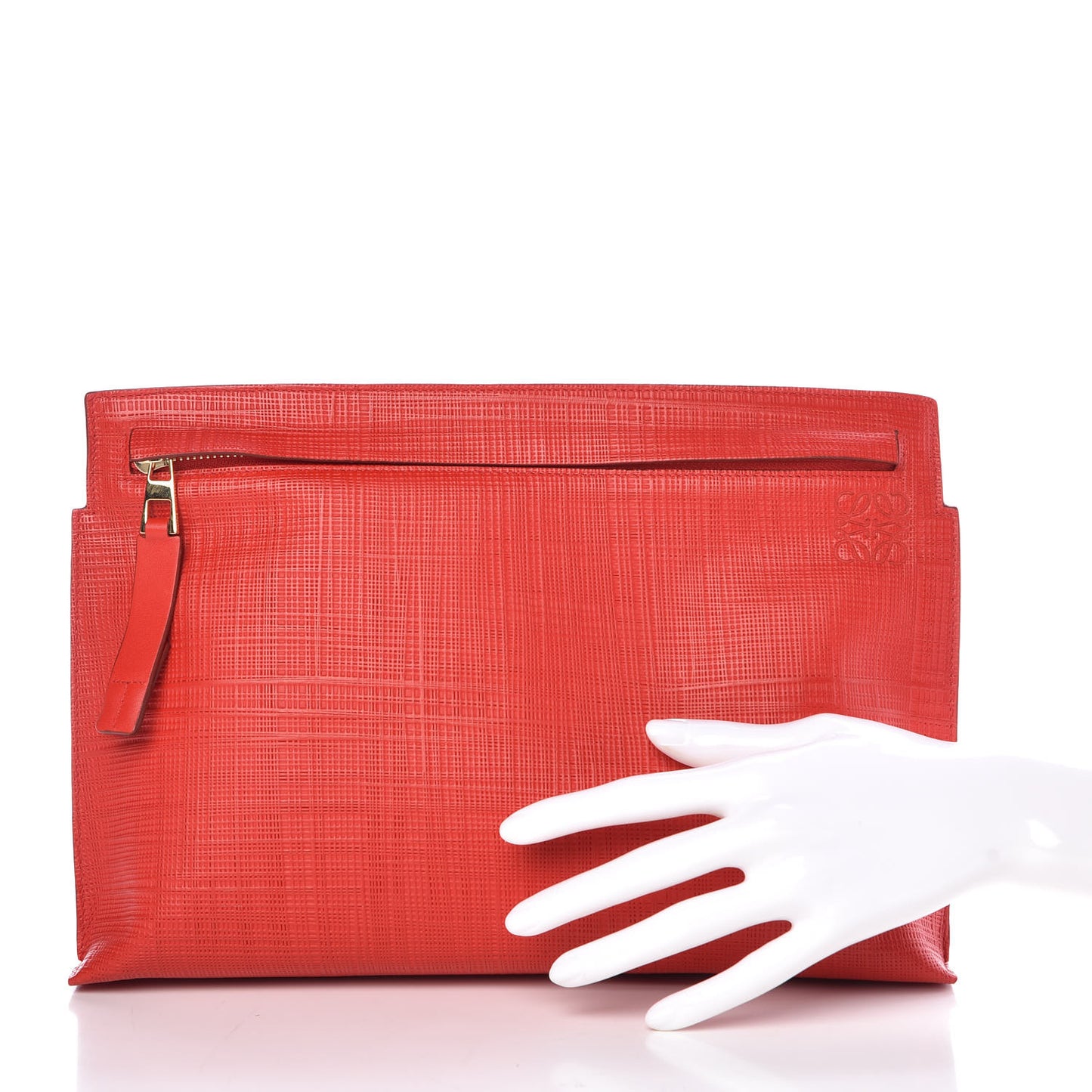 Calfskin Linen Embossed Large T Pouch Primary Red