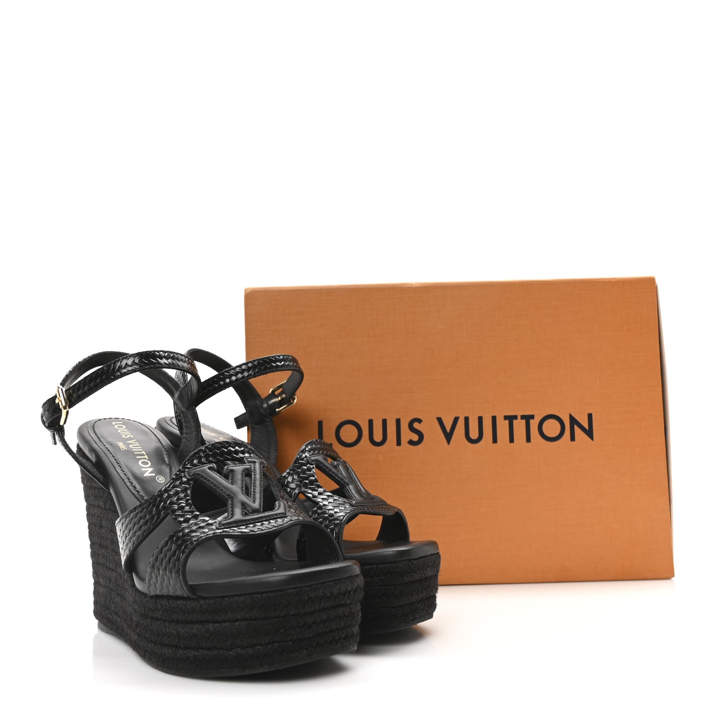 Calfskin LV Isola Espadrille Wedge Sandals 38 Black
