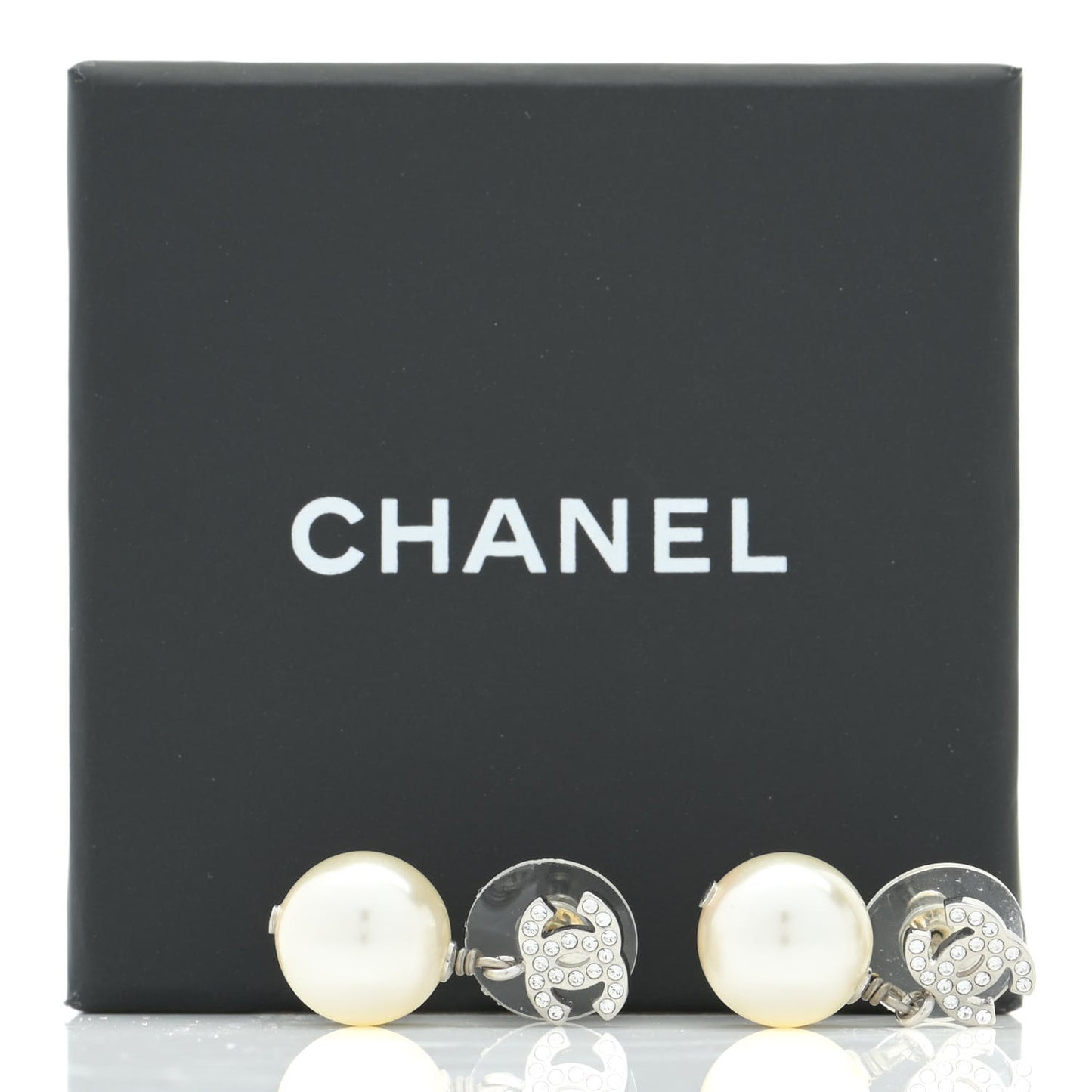 Crystal Pearl CC Drop Earrings Silver