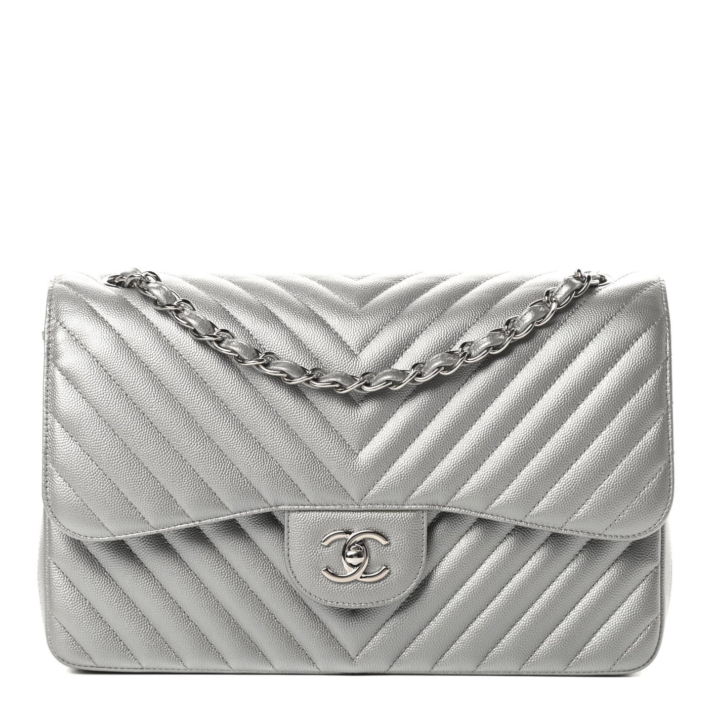 Metallic Caviar Chevron Quilted Jumbo Double Flap Silver