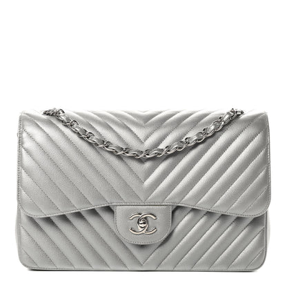 Chanel Metallic Caviar Chevron Quilted Jumbo Double Flap Silver 1 of 12