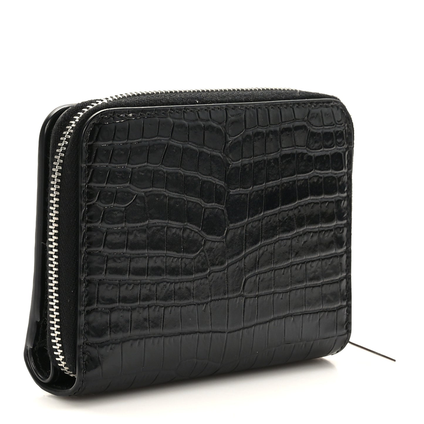 Calfskin Crocodile Embossed Monogram Compact Wallet Black