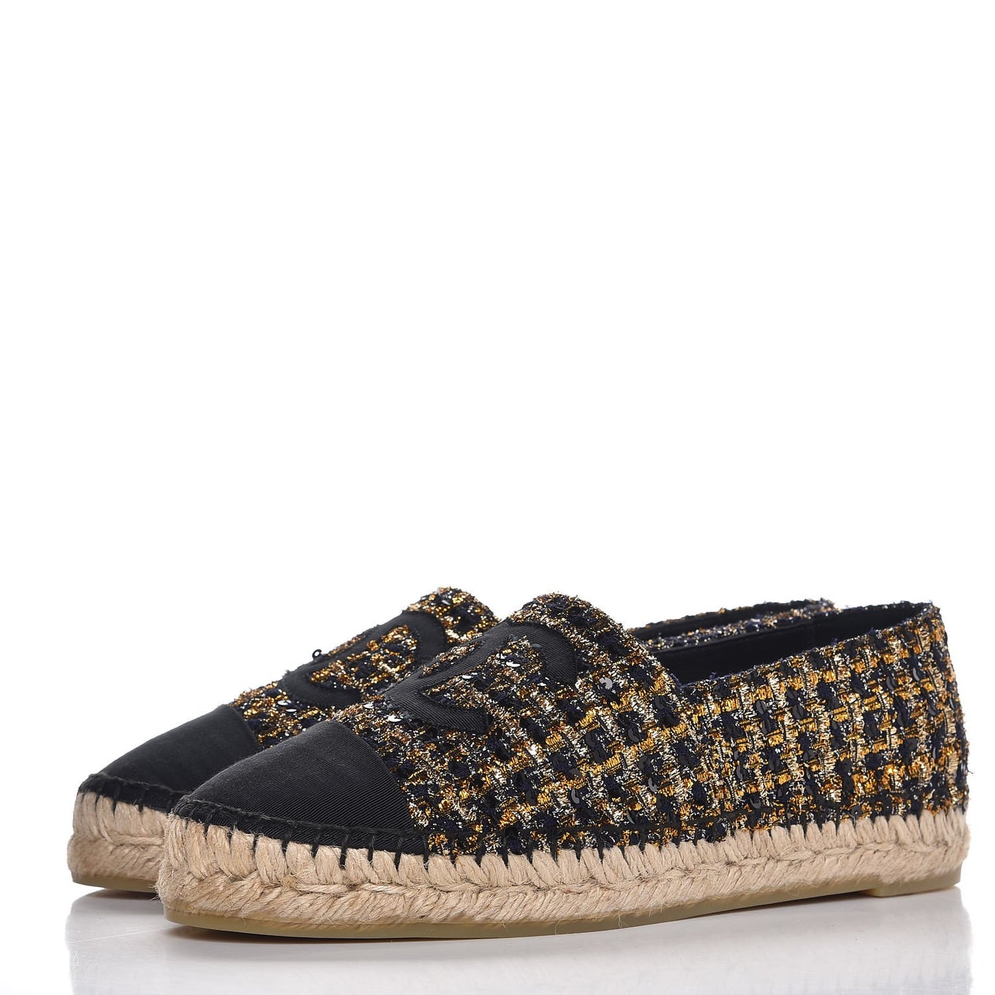 Metallic Tweed Sequin Grosgrain CC Espadrilles 37 Black Gold