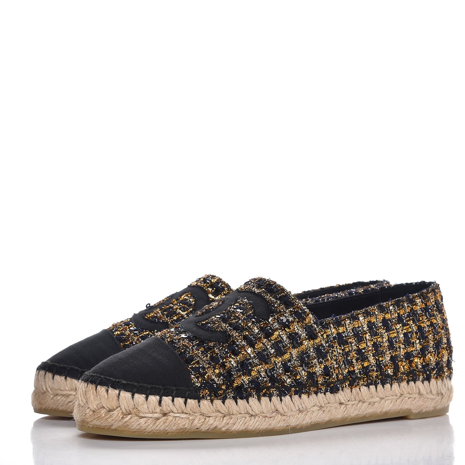 Chanel Metallic Tweed Sequin Grosgrain CC Espadrilles 37 Black Gold 3 of 10