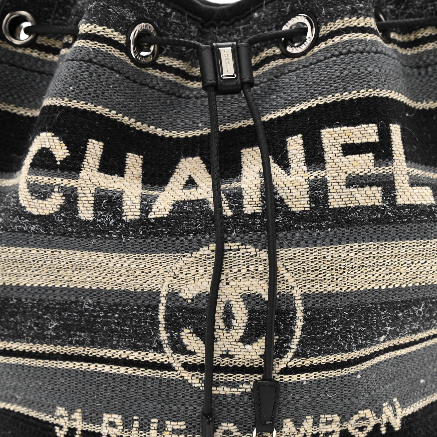Chanel Striped Canvas Deauville Drawstring Bag Grey Black 8 of 10