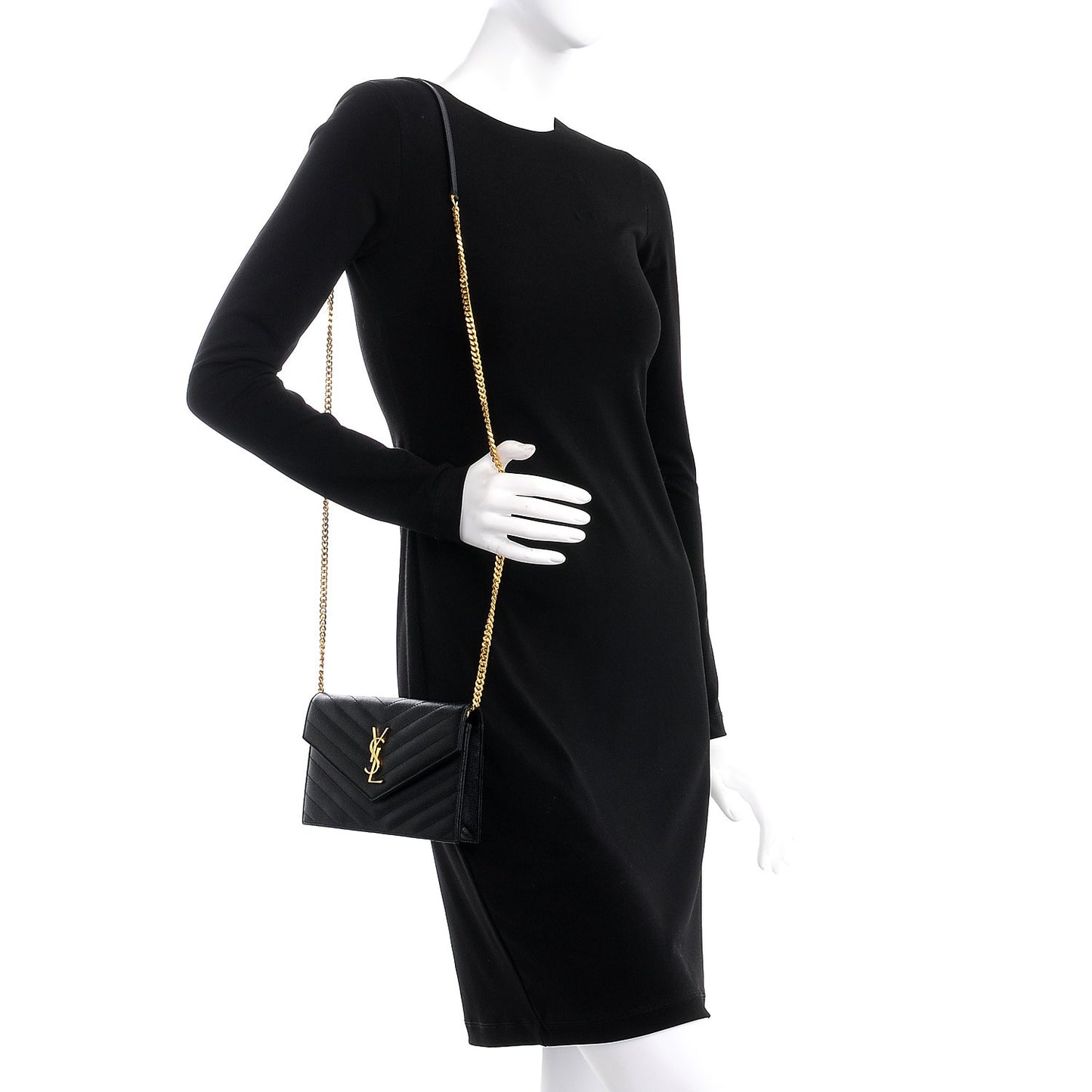 Grain De Poudre Matelasse Chevron Monogram Envelope Chain Wallet Black