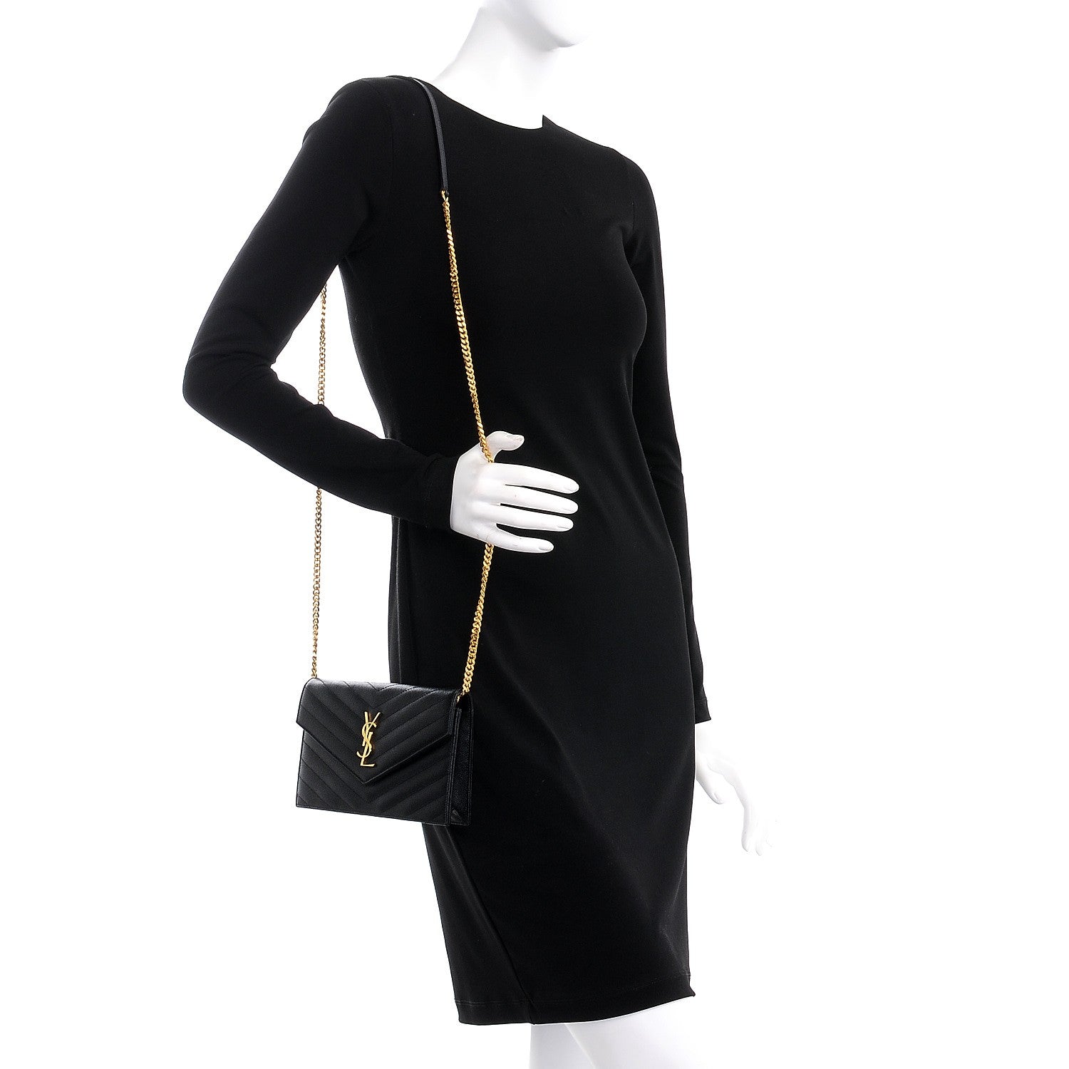 Saint Laurent Grain De Poudre Matelasse Chevron Monogram Envelope Chain Wallet Black 2 of 8