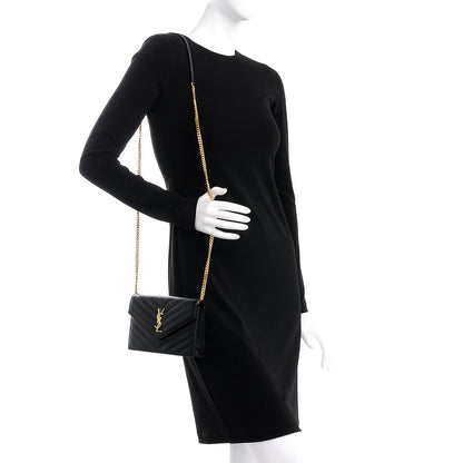 Saint Laurent Grain De Poudre Matelasse Chevron Monogram Envelope Chain Wallet Black 2 of 8