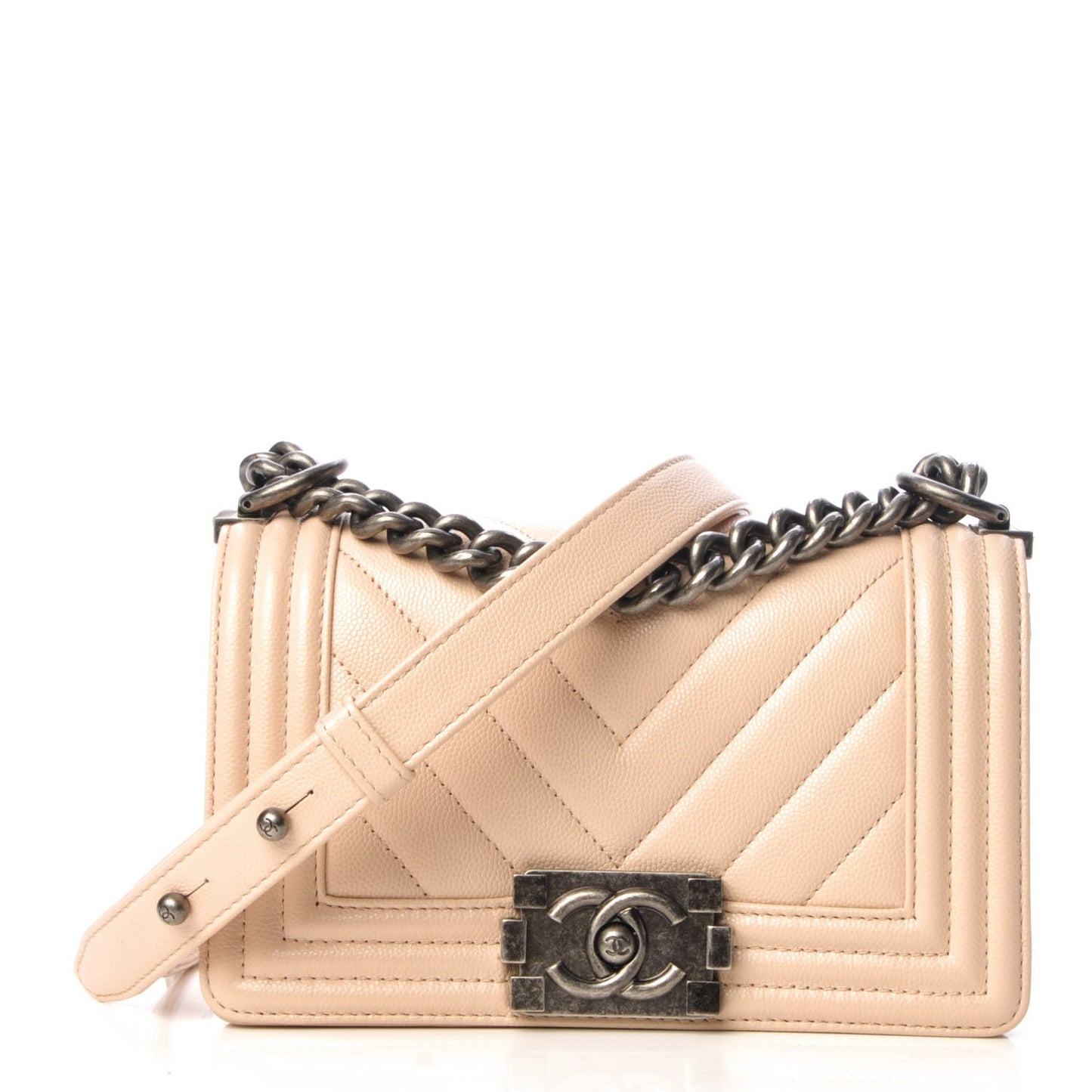 Caviar Chevron Quilted Small Boy Flap Light Beige