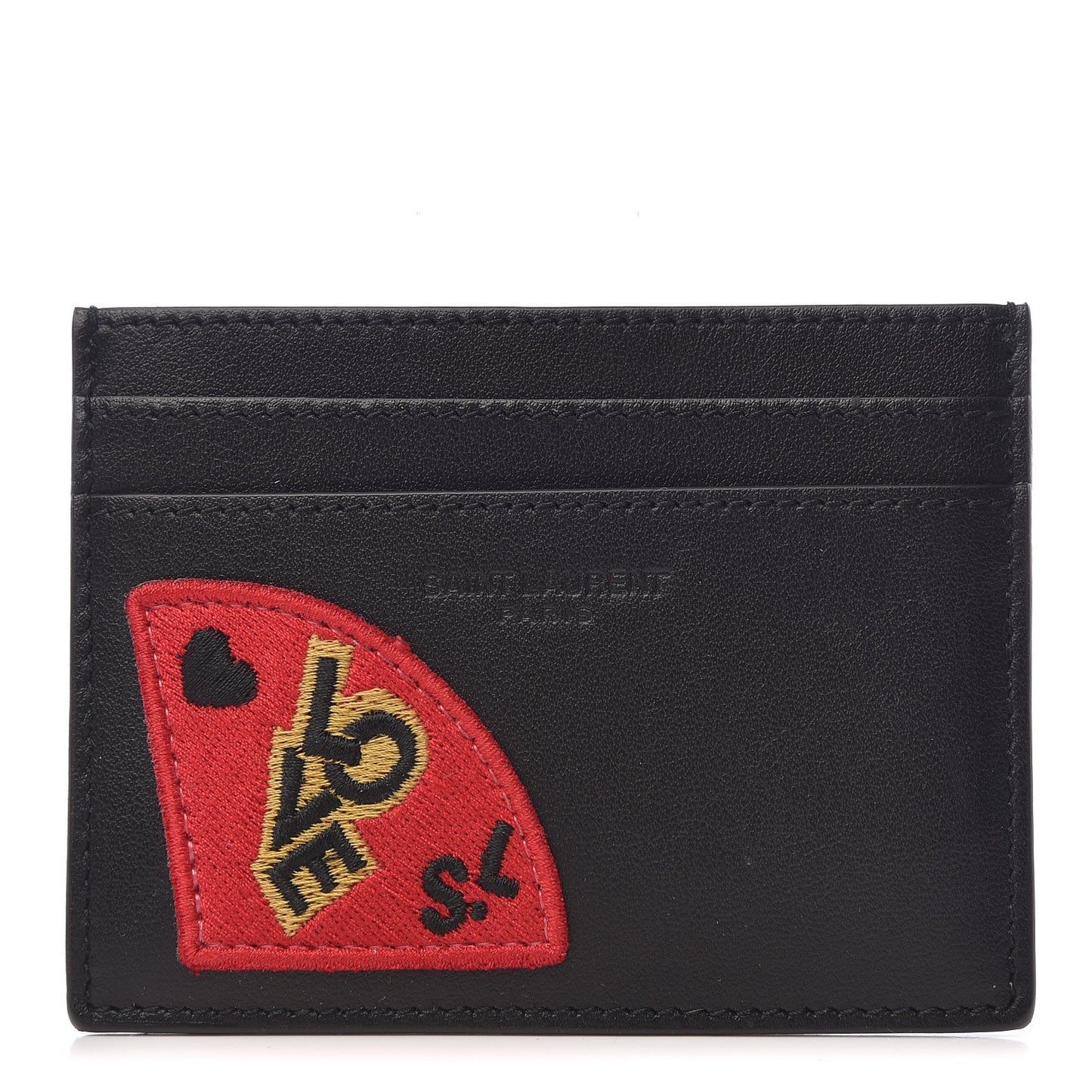 Calfskin Paris SL Love Patch Credit Card Case Black