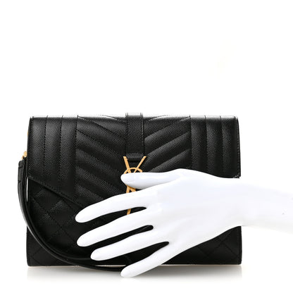 Saint Laurent Grain De Poudre Textured Mixed Matelasse Triquilt Monogram Clutch Black 2 of 8