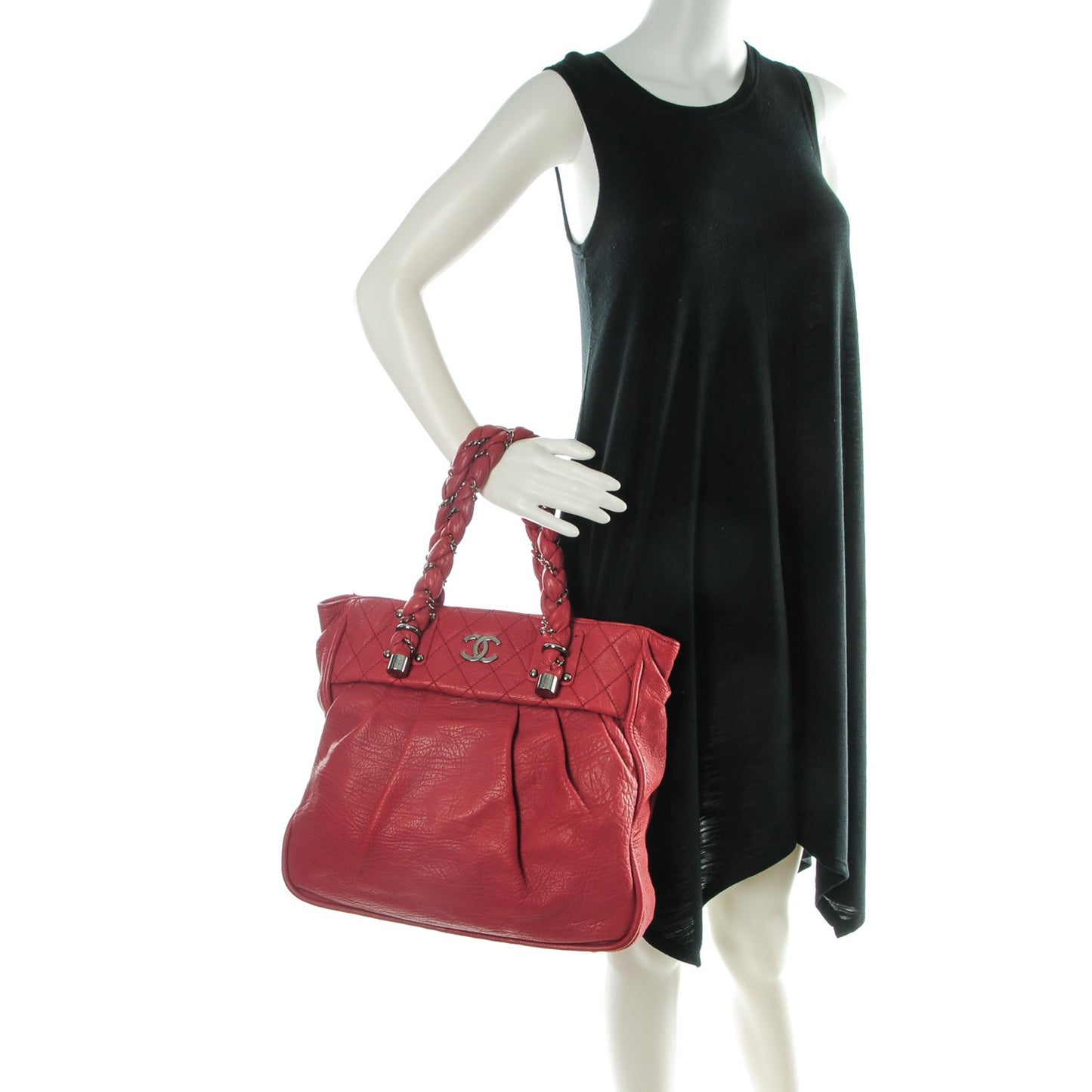 Distressed Lambskin Lady Braid Tote Red