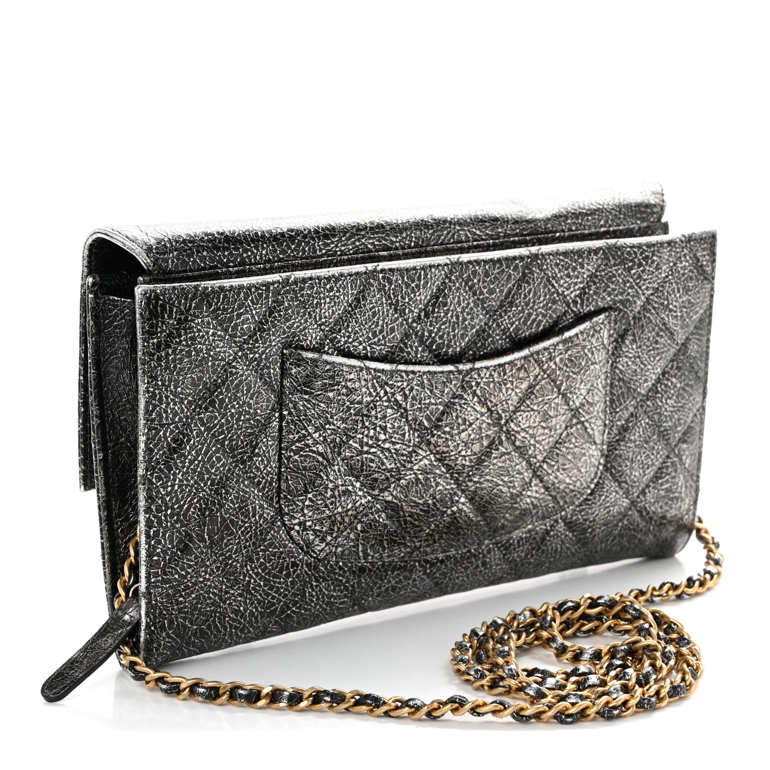 Chanel Cracked Metallic Calfskin Quilted Zip Away Chain Clutch