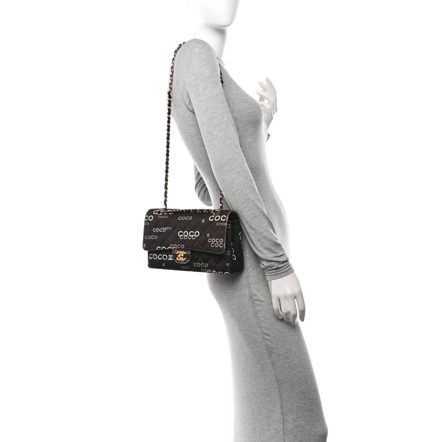 Chanel Canvas Coco Printed Quilted Medium Double Flap Black White 2 of 14