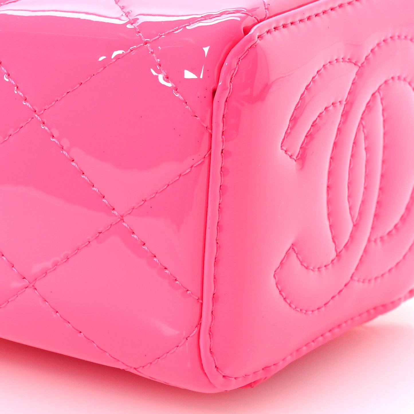 Patent Quilted Pearl Crush Mini Vanity Case With Chain Neon Pink