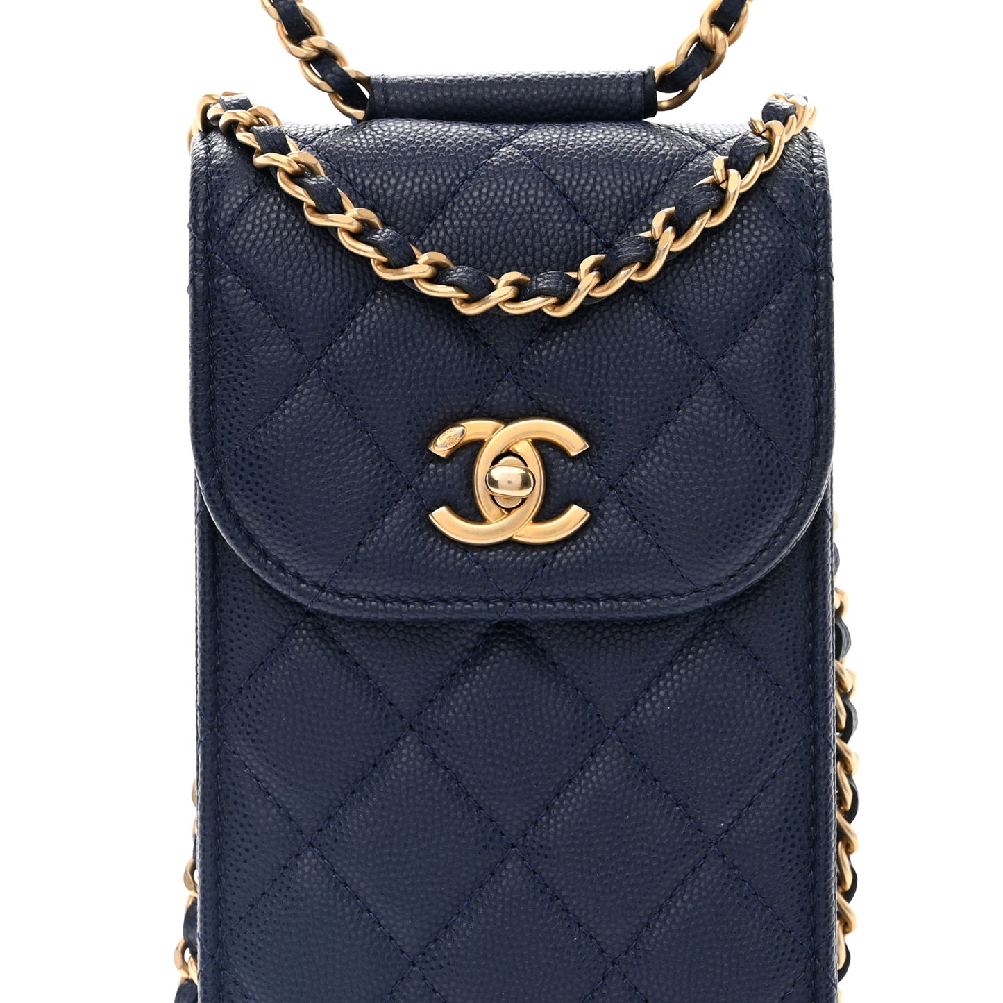 Caviar Quilted Chain Handle Round Phone Holder Dark Blue