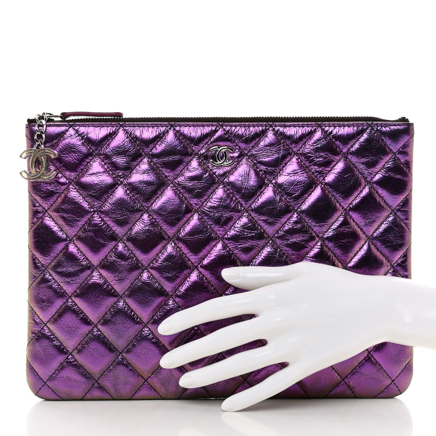 Iridescent Crumpled Calfskin CC Ripples Medium Cosmetic Case Purple