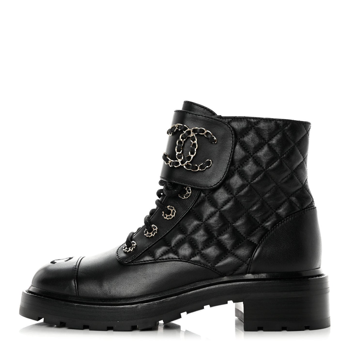 Shiny Lambskin Quilted Lace Up Combat Boots 39 Black