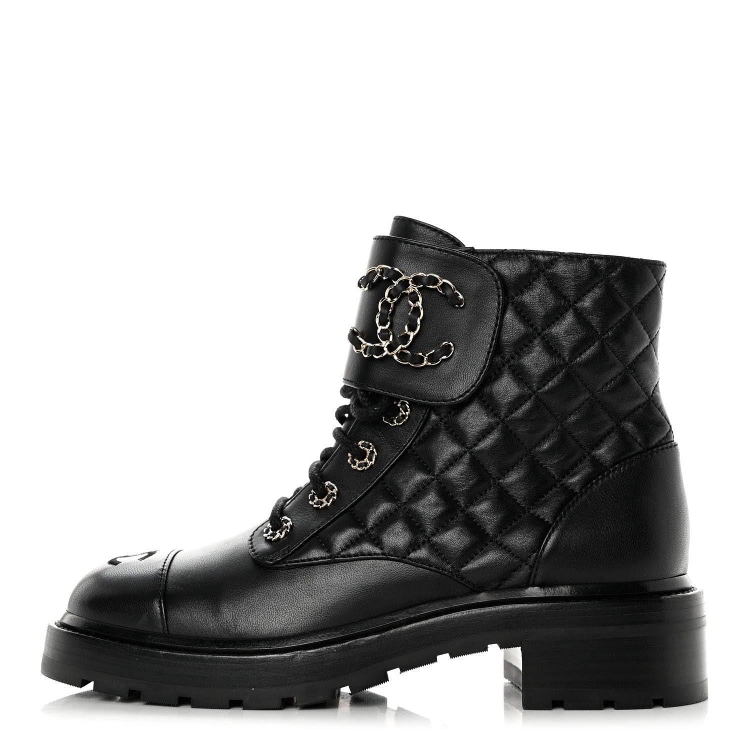 Chanel Shiny Lambskin Quilted Lace Up Combat Boots 39 Black 1 of 10