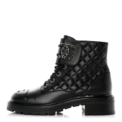Chanel Shiny Lambskin Quilted Lace Up Combat Boots 39 Black 1 of 10