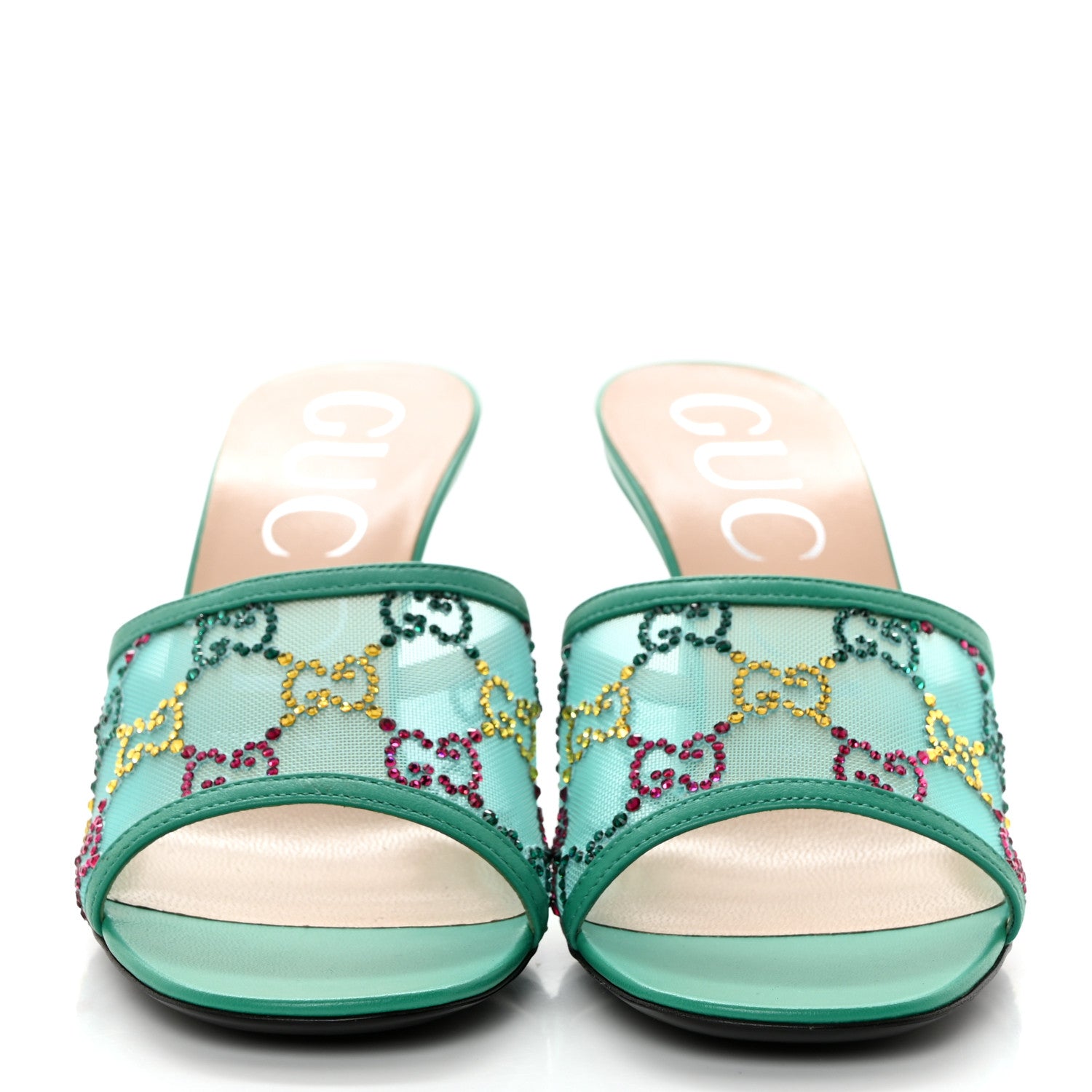 Gucci Tela Retino Nappa Crystal GG Monogram Square G 95mm Slide Sandals 37.5 Turquoise 2 of 8