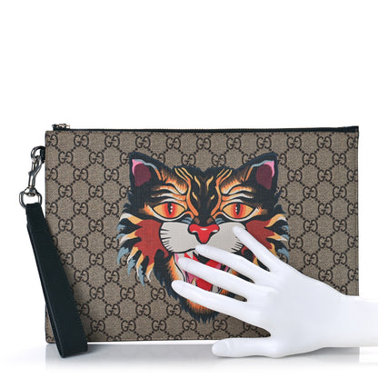 Gucci GG Supreme Monogram Angry Cat Zip Wristlet Pouch Beige 2 of 8