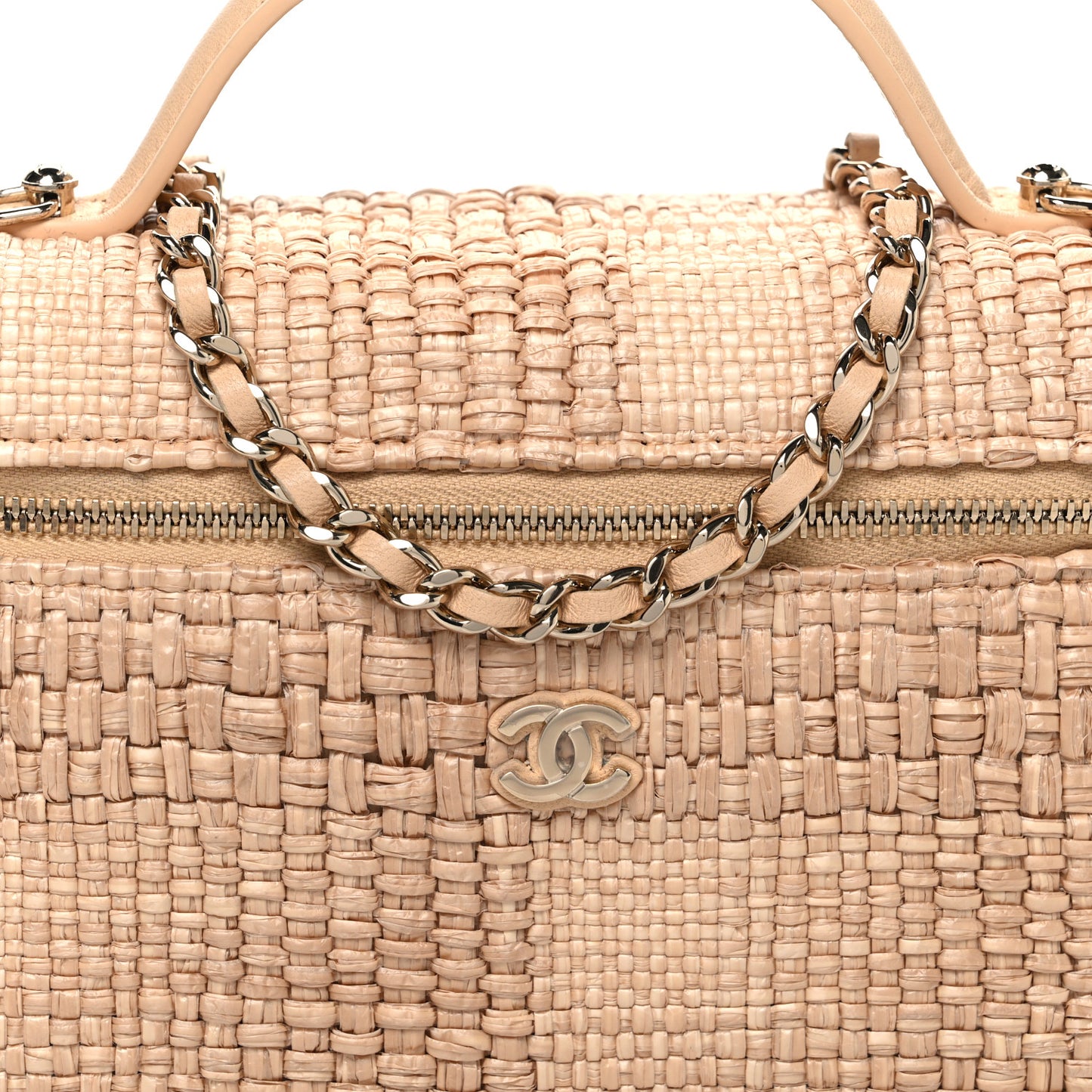 Braided Raffia Quilted Top Handle Slim Vanity Case With Chain Beige