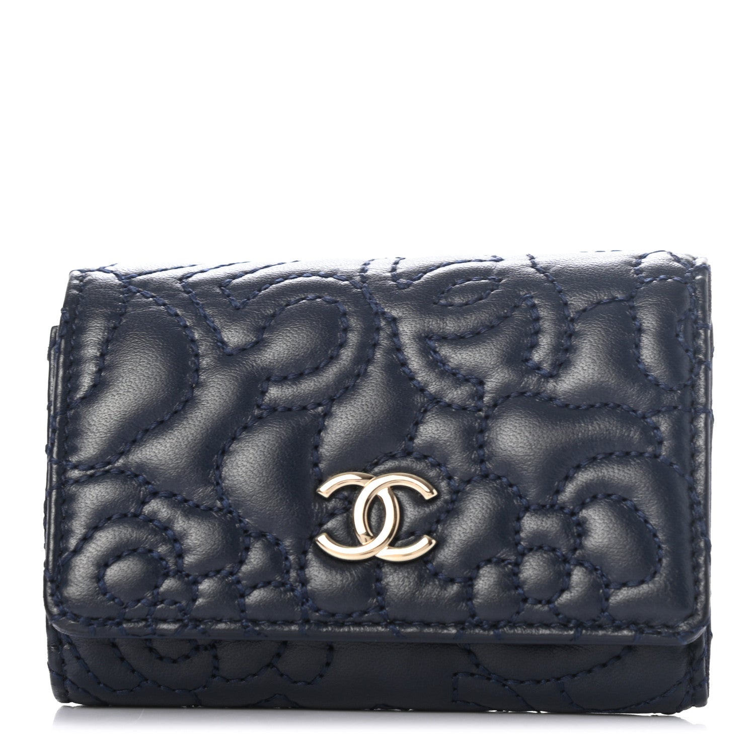 Chanel Lambskin Camellia Embossed 4 Key Holder Navy 1 of 8