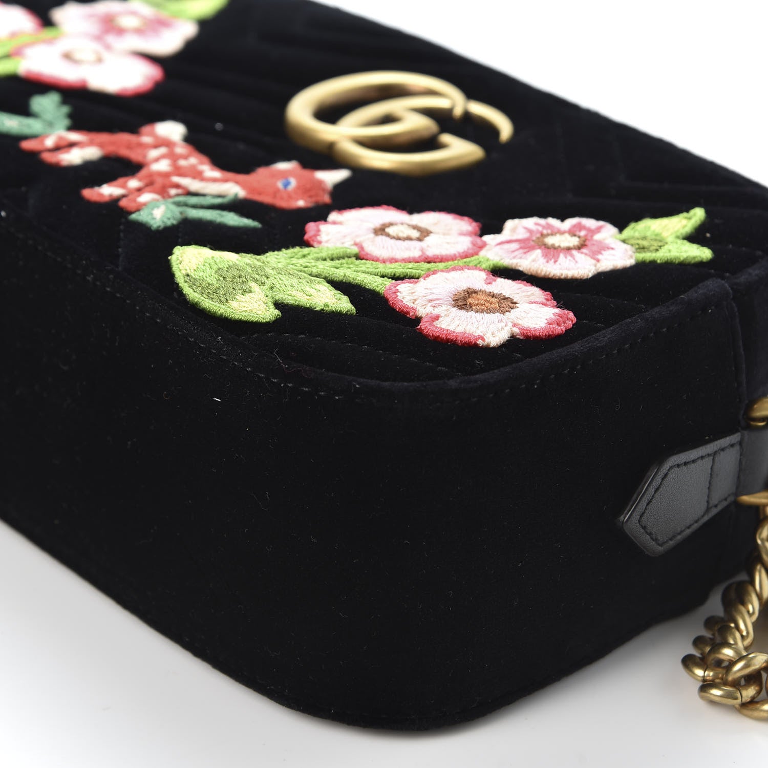 Gucci Velvet Matelasse Deer Embroidered Small GG Marmont Chain Shoulder Bag Black 6 of 9