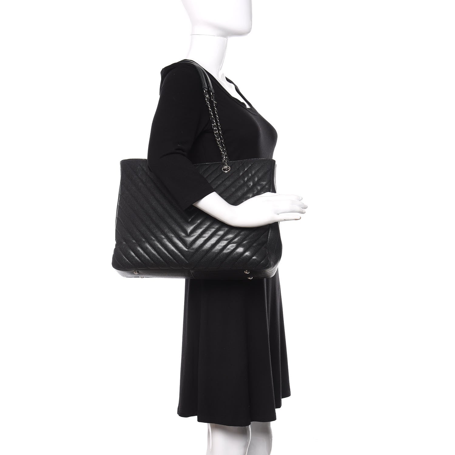 Chanel Caviar Chevron Quilted Large Shopping Tote Black 2 of 14