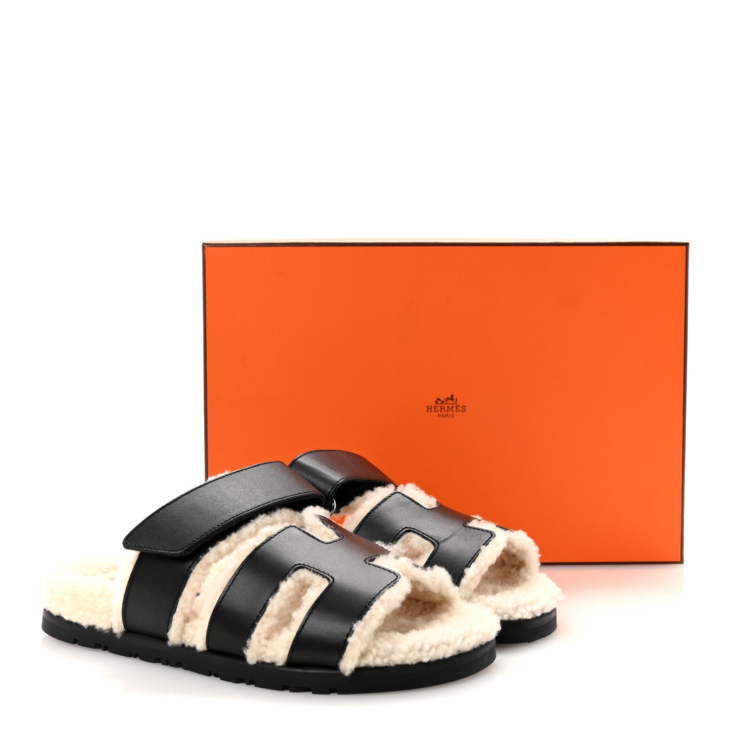 Hermes Calfskin Woolskin Womens Chypre Sandals 35.5 Black Ecru 9 of 9