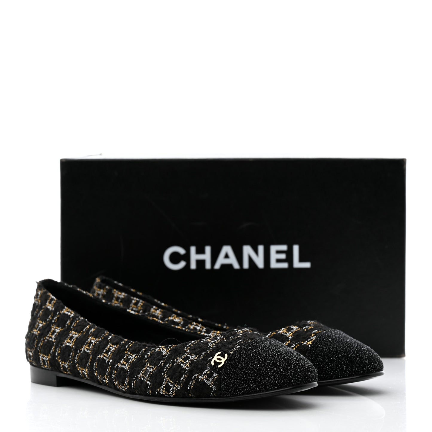 Tweed Cap Toe Ballerina Flats 37 Black